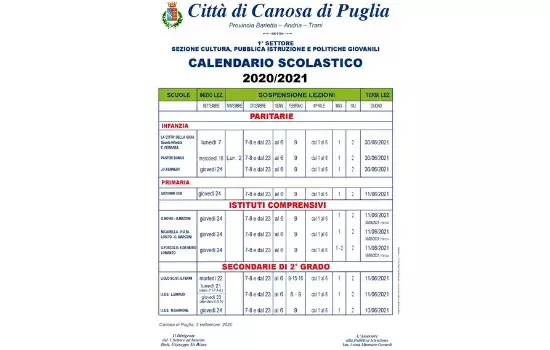 Canosa di Puglia -Calendario Scolastico 2020 2021