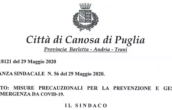 Canosa di Puglia - Ordinanza Sindacale n. 56