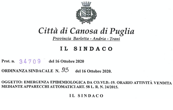Canosa di Puglia osa di Puglia - Ordinanza sindacale n. 93