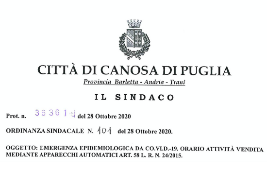 Canosa di Puglia - Ordinanza Sindacale n. 101